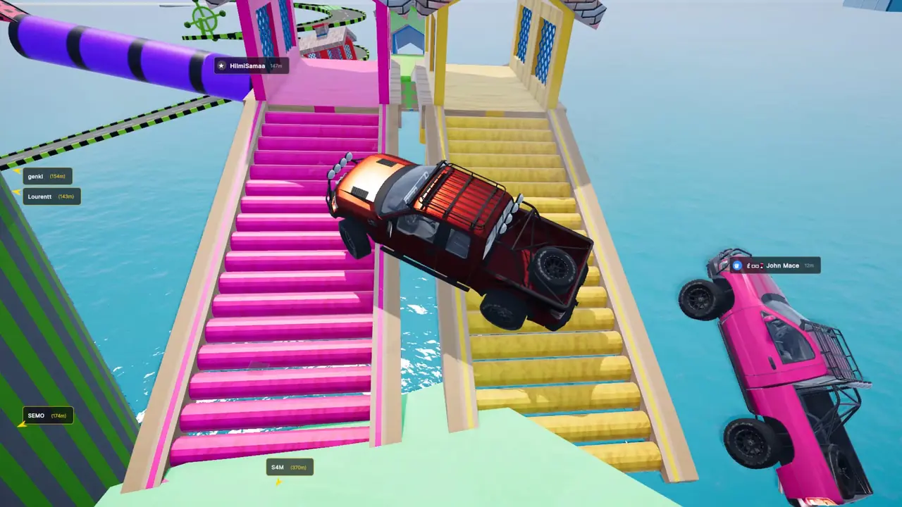 A dark pickup flipping over on a steep pink staircase in Drive UP: Together