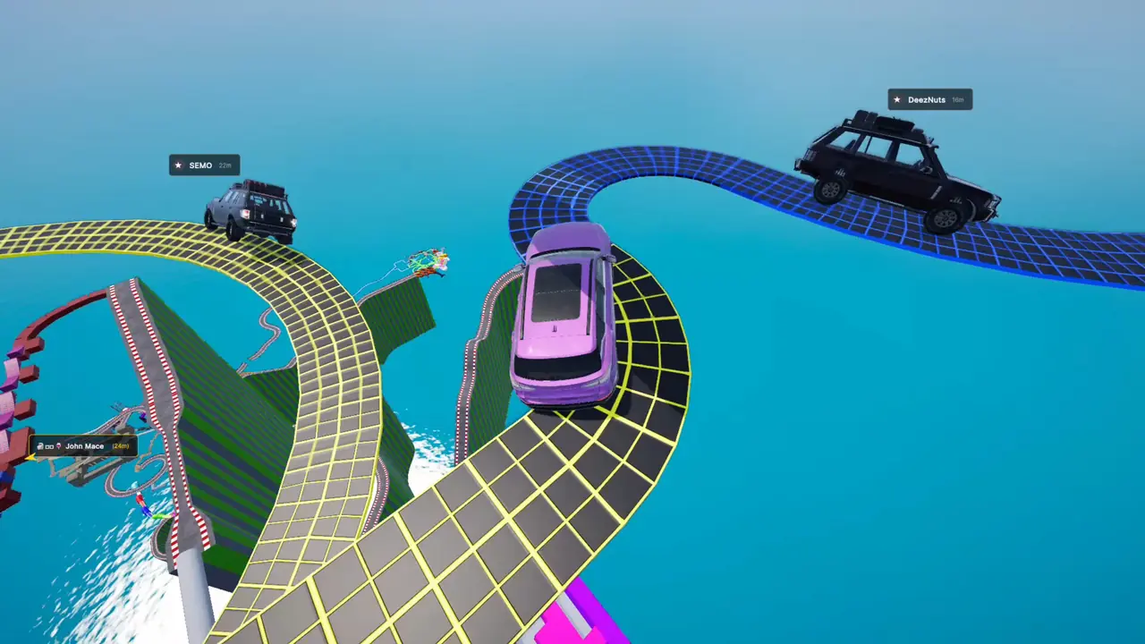 Cars driving along a narrow winding grid track suspended over water in Drive UP: Together